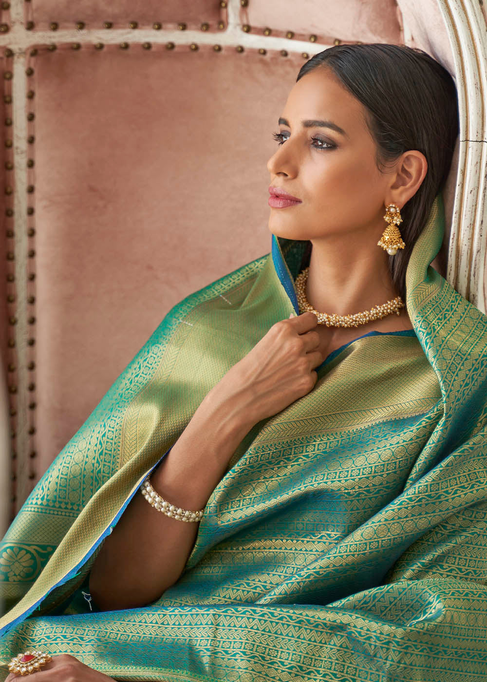 Caribbean Green Woven Kanjivaram Silk Saree Clothsvilla