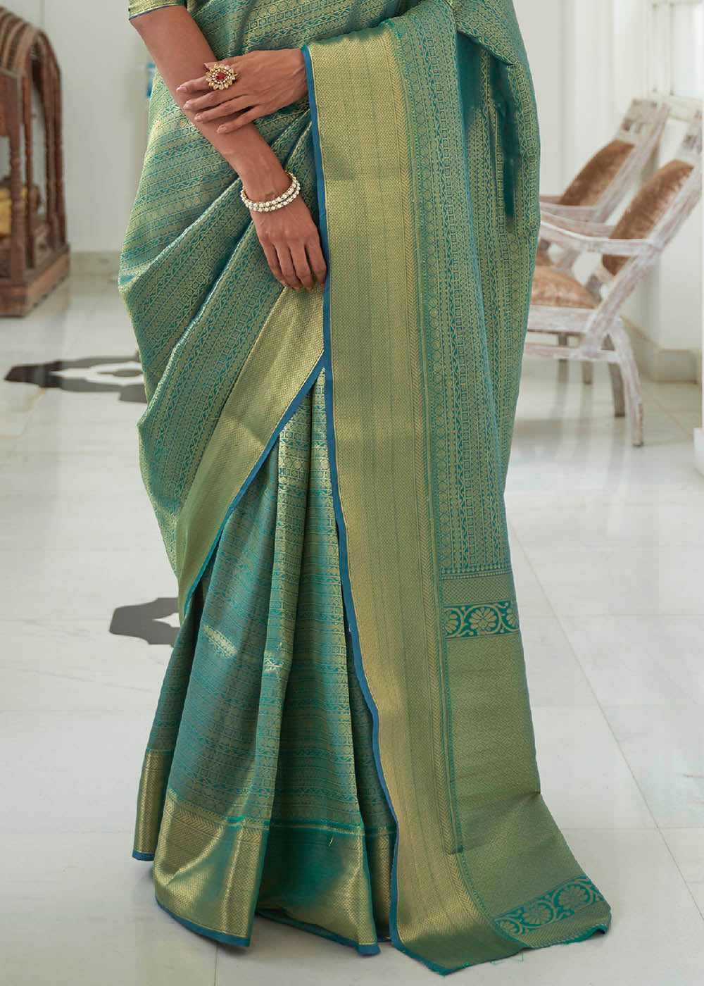 Caribbean Green Woven Kanjivaram Silk Saree Clothsvilla