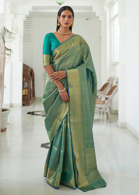 Caribbean Green Woven Kanjivaram Silk Saree Clothsvilla Main image