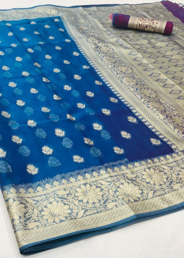 Egyptian Blue Zari Woven Organza Silk Saree Clothsvilla