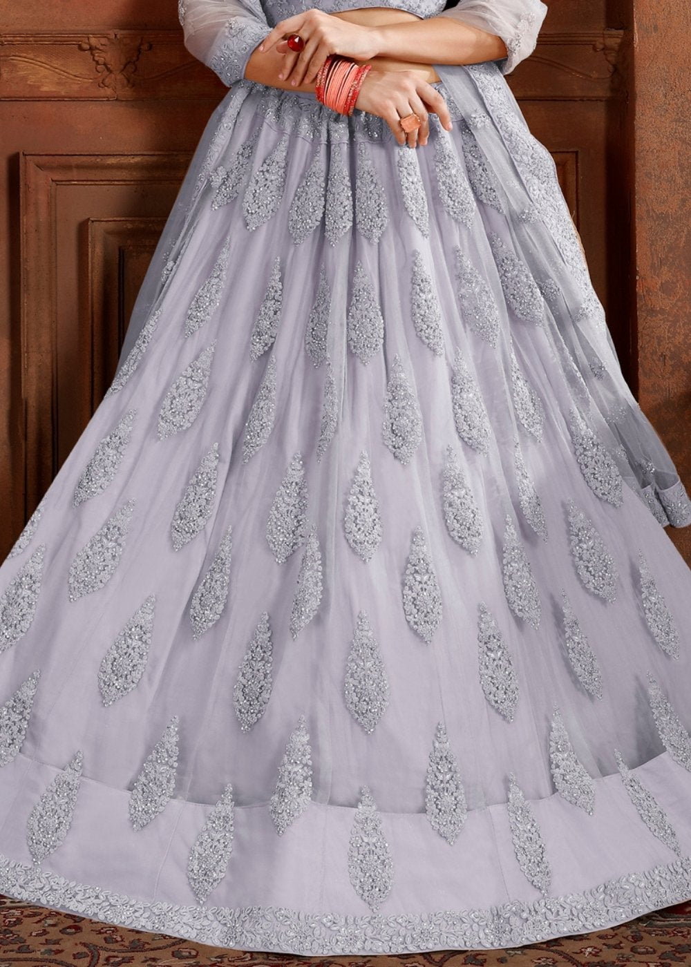 Silver Grey Soft Net Lehenga Choli with Thread, Zarkan & Pearl work Clothsvilla