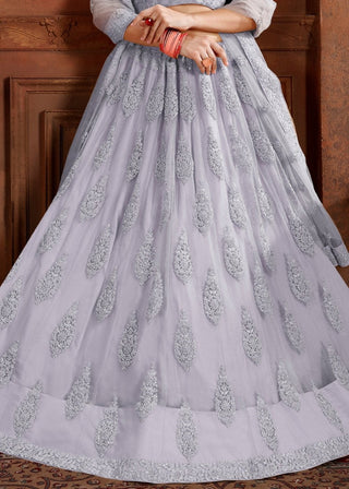 Silver Grey Soft Net Lehenga Choli with Thread, Zarkan & Pearl work Clothsvilla