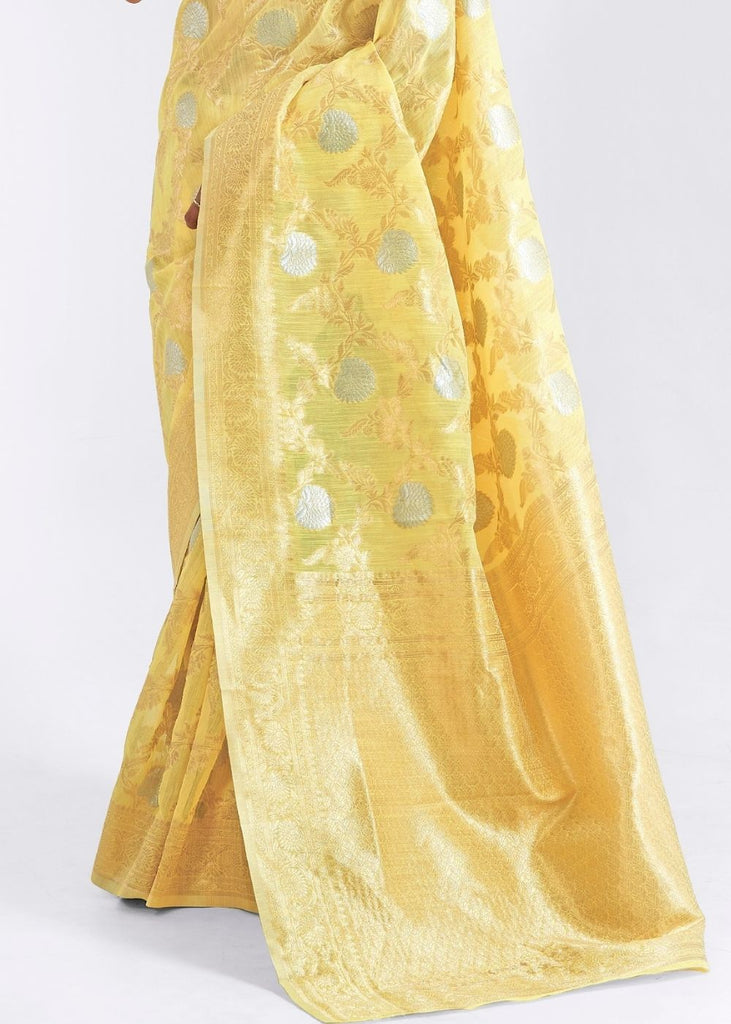 Pineapple Yellow Zari Woven Linen Silk Saree Clothsvilla