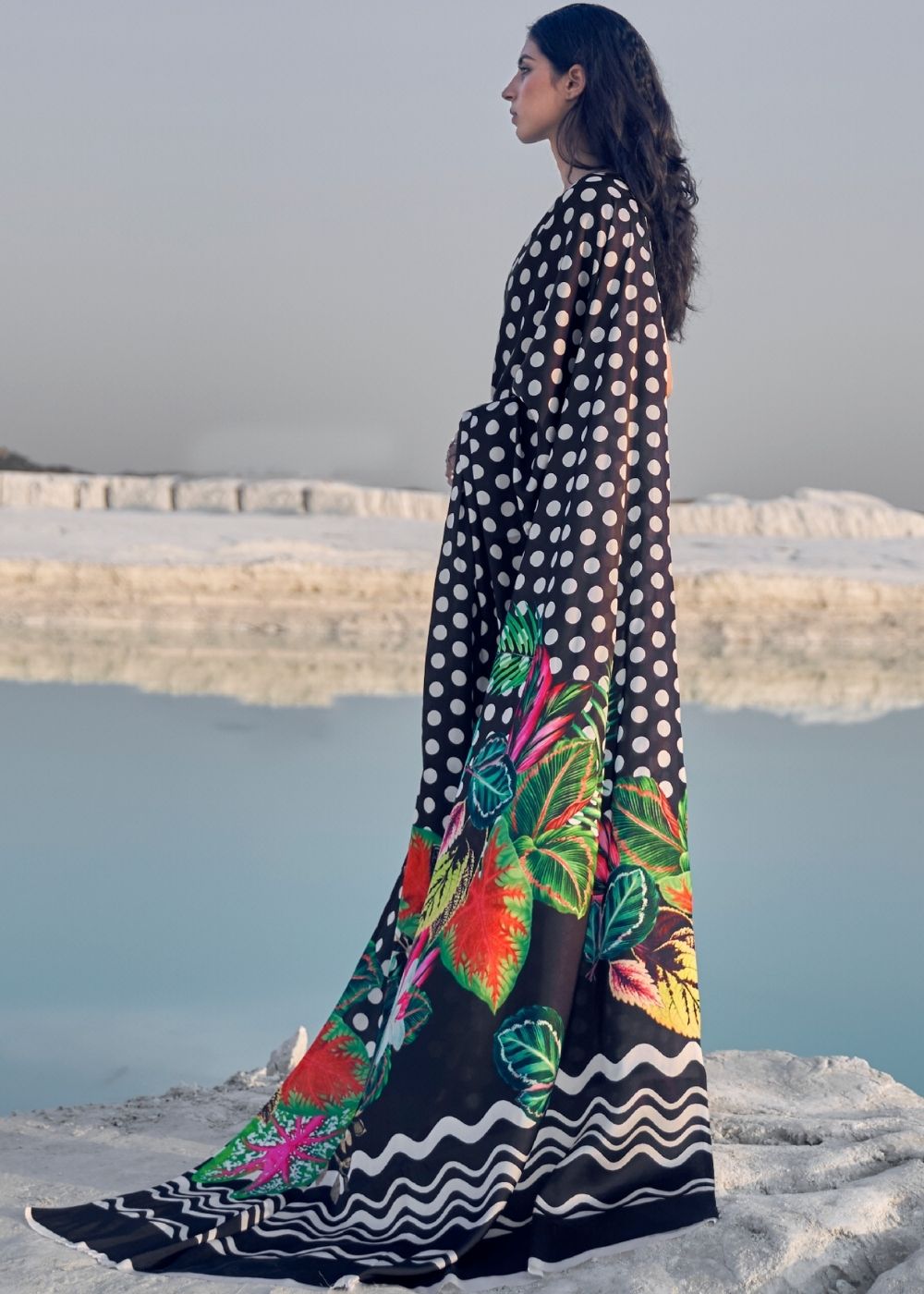Black and White Polka Dots Digital Printed Crepe Silk Saree Secondary image