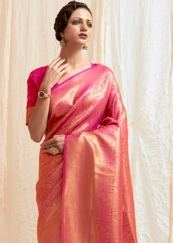 Coral Pink And Golden Banarasi Silk Saree With u neck Blouse - Dmv15608