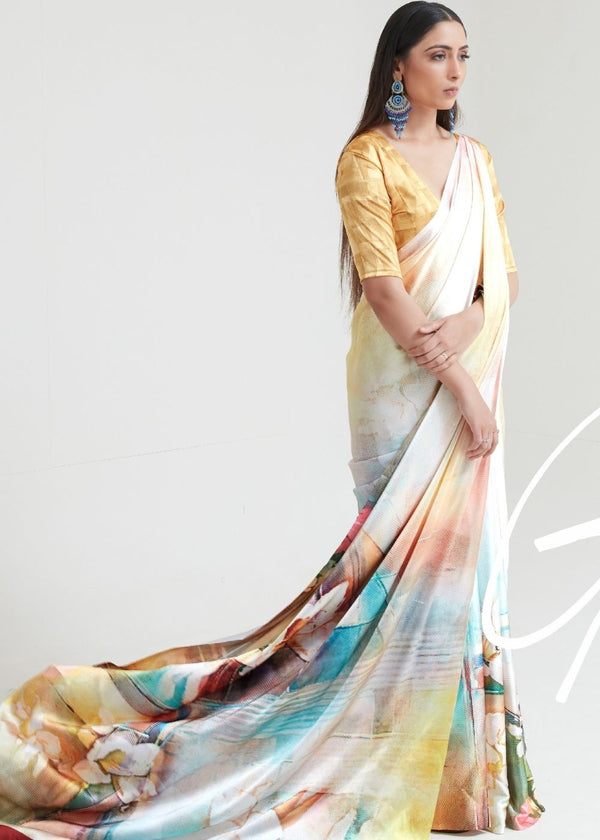 Flax Yellow Satin Silk Digital Printed Saree Clothsvilla