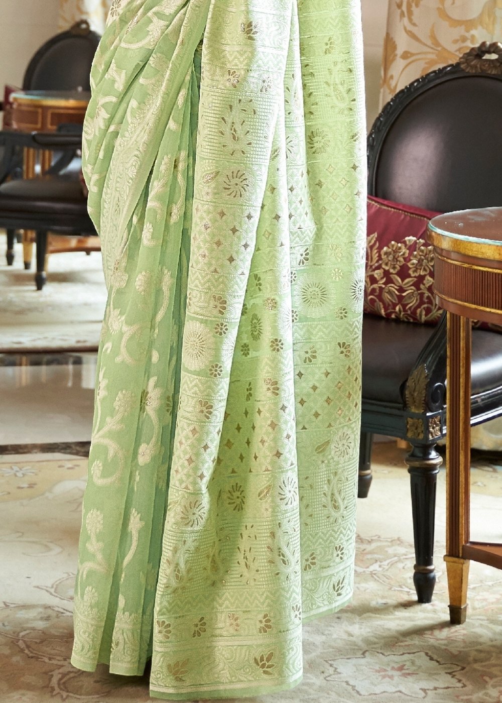 Emerald Green Lucknowi  Chikankari Weaving Silk Saree Clothsvilla