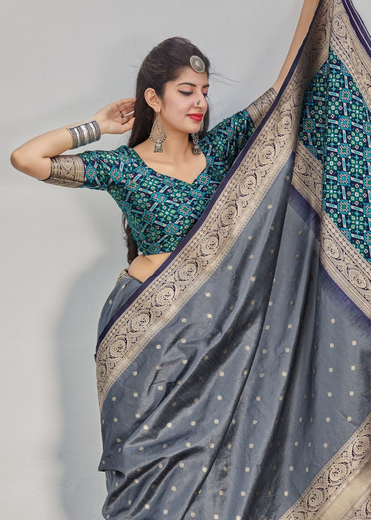 Steel Grey Woven Banarasi Silk Saree with Patola Pallu and Blouse Clothsvilla