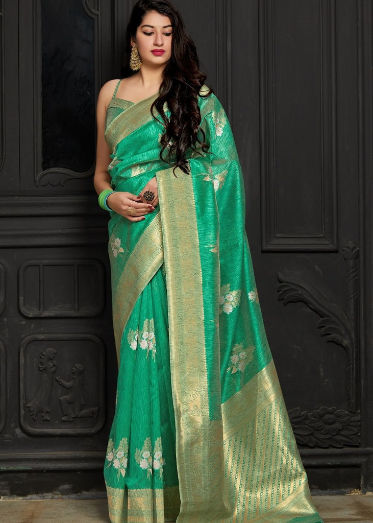 Jungle Green Banarasi Silk Floral Woven Saree with Golden Border and Pallu Clothsvilla