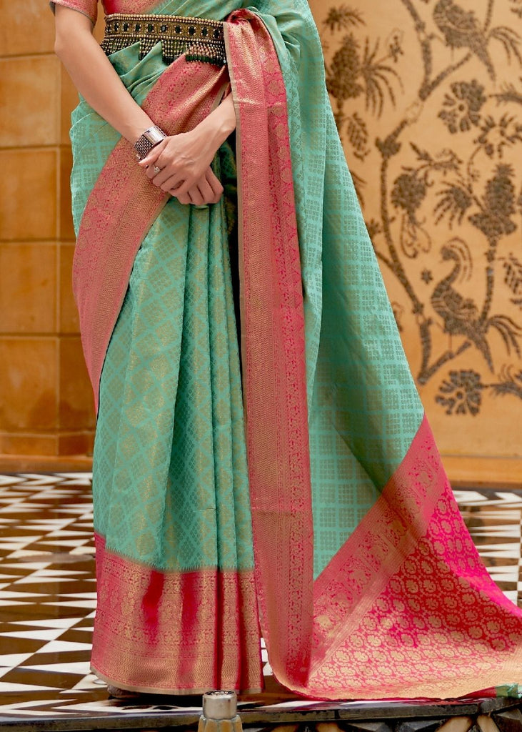 Caribbean Green Zari Woven Kanjivaram Silk Saree Clothsvilla