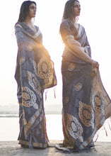 Load image into Gallery viewer, Fossil Grey Printed Satin Silk Saree Clothsvilla