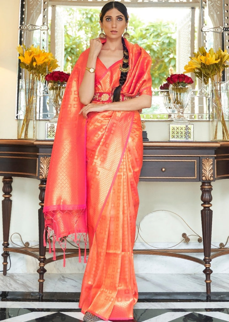 Persimmon Orange Zari Woven Kanjivaram Silk Saree with Tassels on Pallu Clothsvilla