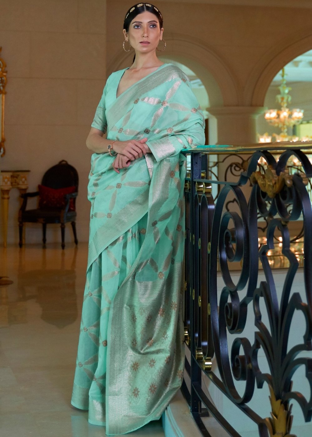 Turquoise Blue Banarasi-Chanderi Fusion Woven Silk Saree Clothsvilla Main image