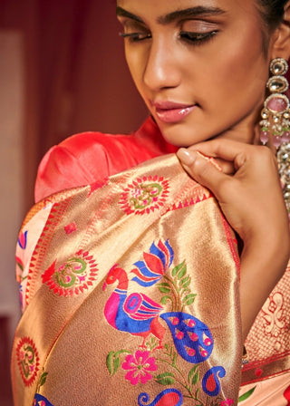 Salmon Pink Woven Banarasi Paithani Silk Saree Clothsvilla