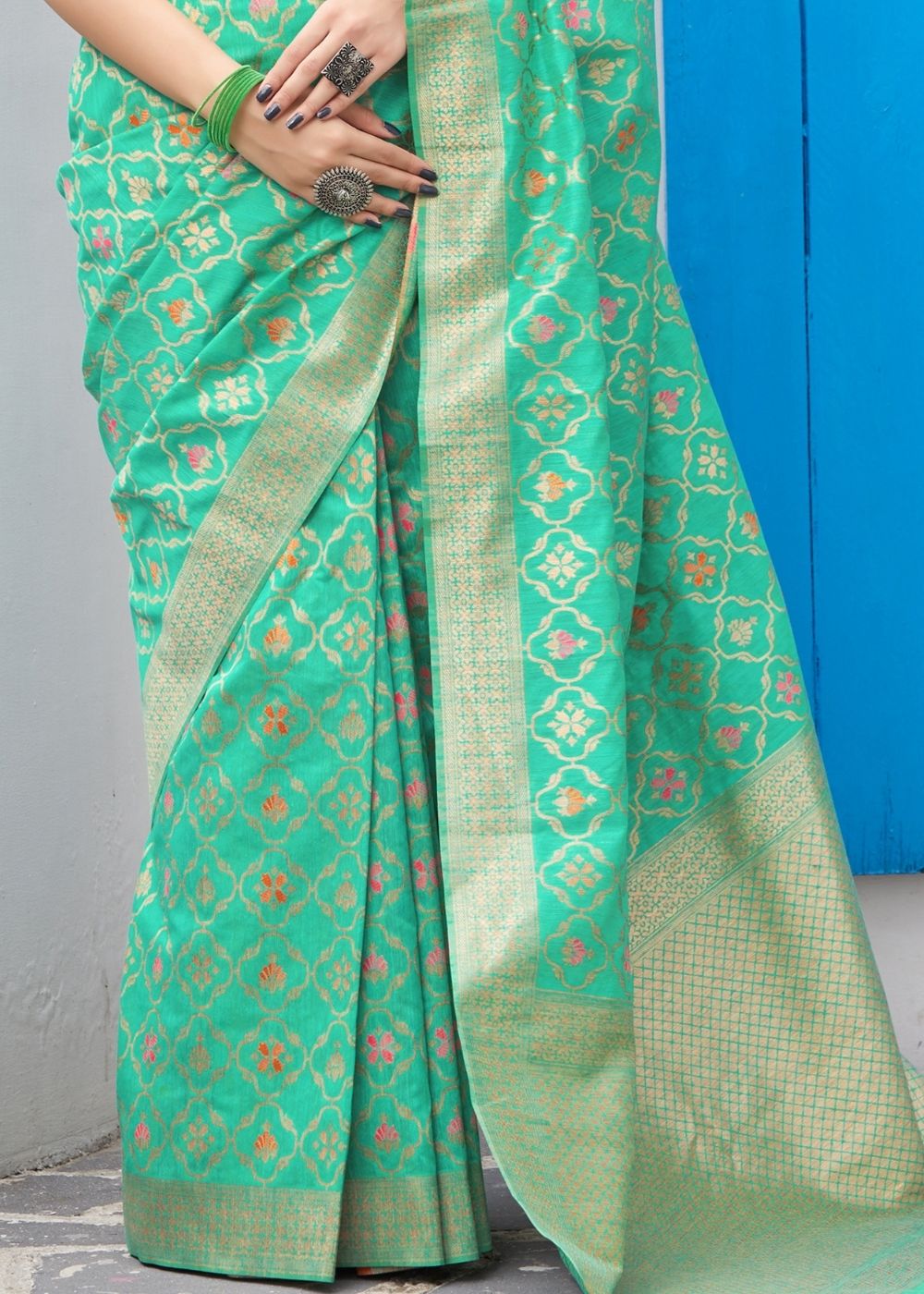 Sea Green Banarasi Cotton Silk Saree Clothsvilla