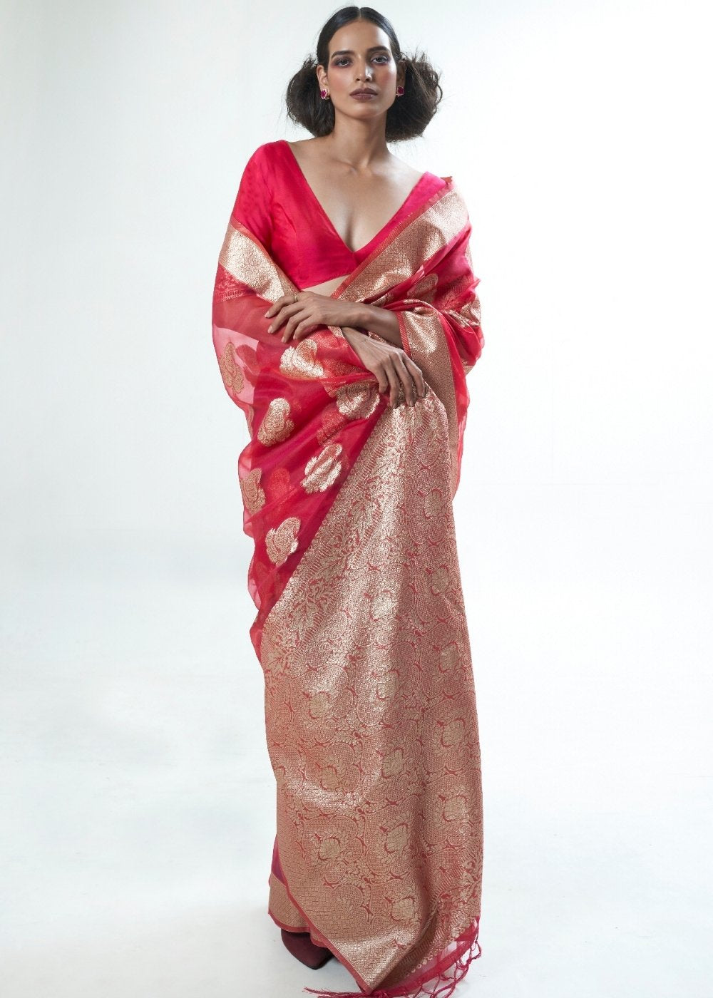 Ribbon Red Designer Woven Organza Silk Saree Secondary image