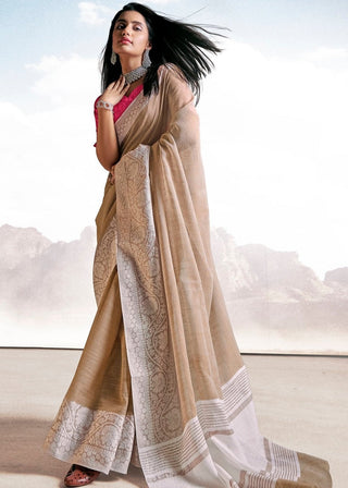 Umber Brown Soft Linen Silk Saree with Lucknowi work and Sequence Blouse Clothsvilla