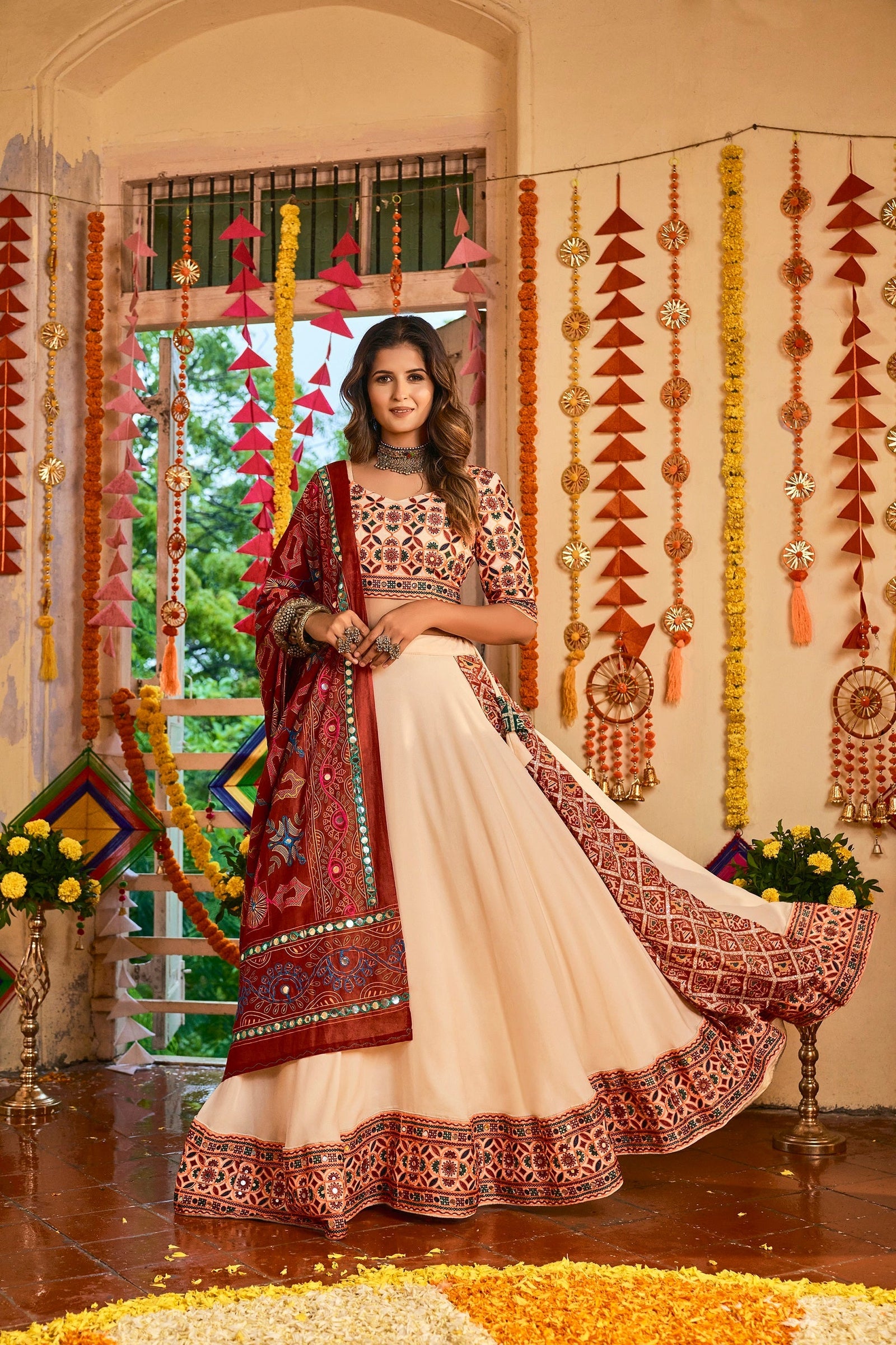 Traditional Wear Beige Color Navratri Special Lehenga Choli Clothsvilla