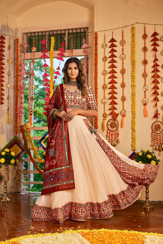 Traditional Wear Beige Color Navratri Special Lehenga Choli Clothsvilla