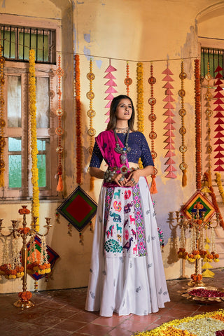 Traditional Wear White With Navy Blue Color Navratri Special Lehenga Choli Clothsvilla