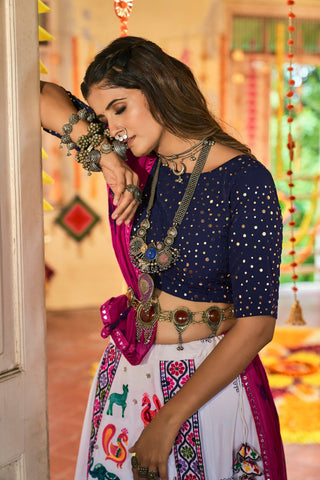 Traditional Wear White With Navy Blue Color Navratri Special Lehenga Choli Clothsvilla