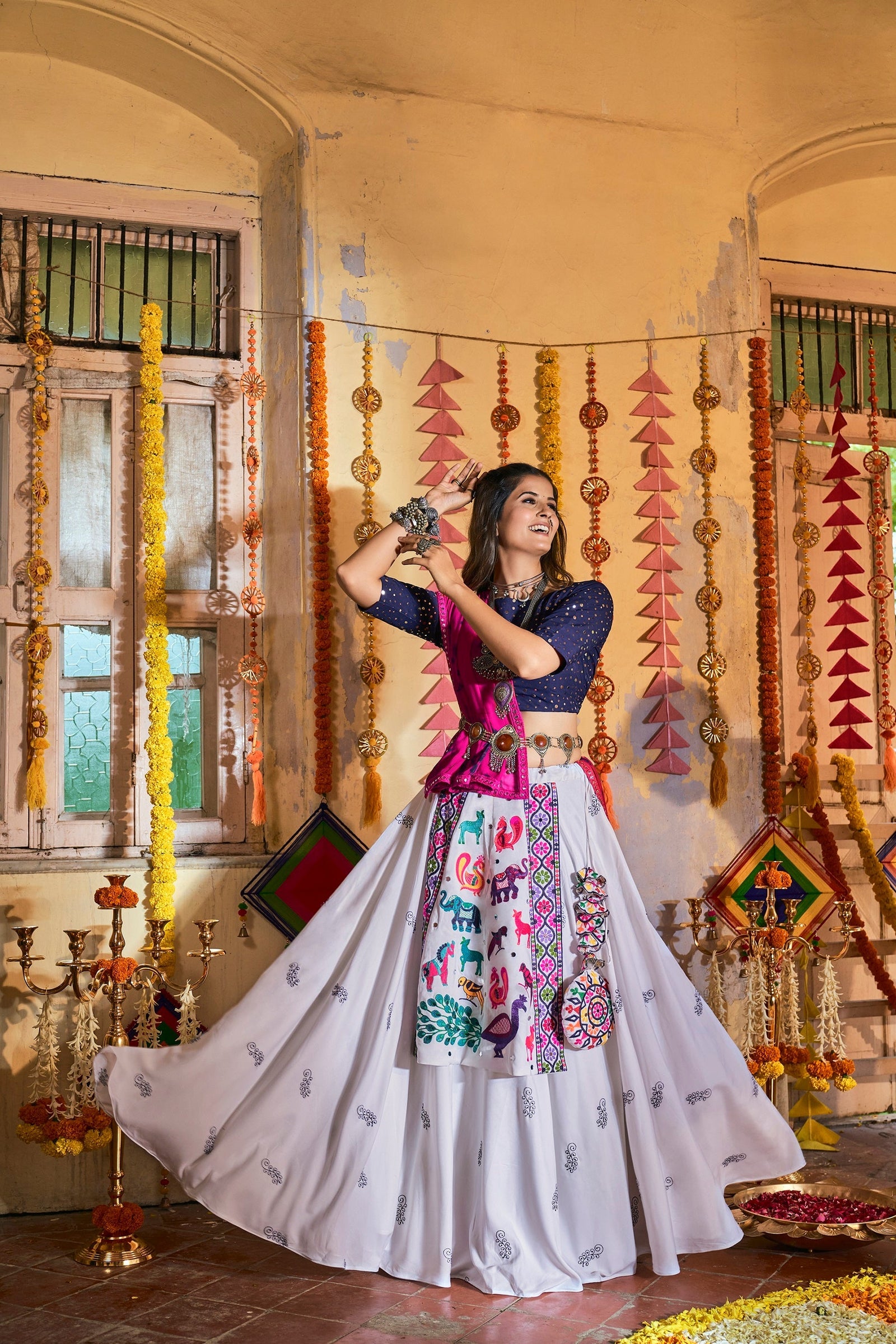 Traditional Wear White With Navy Blue Color Navratri Special Lehenga Choli Clothsvilla