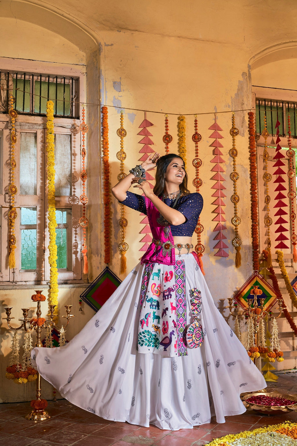 Traditional Wear White With Navy Blue Color Navratri Special Lehenga Choli Clothsvilla