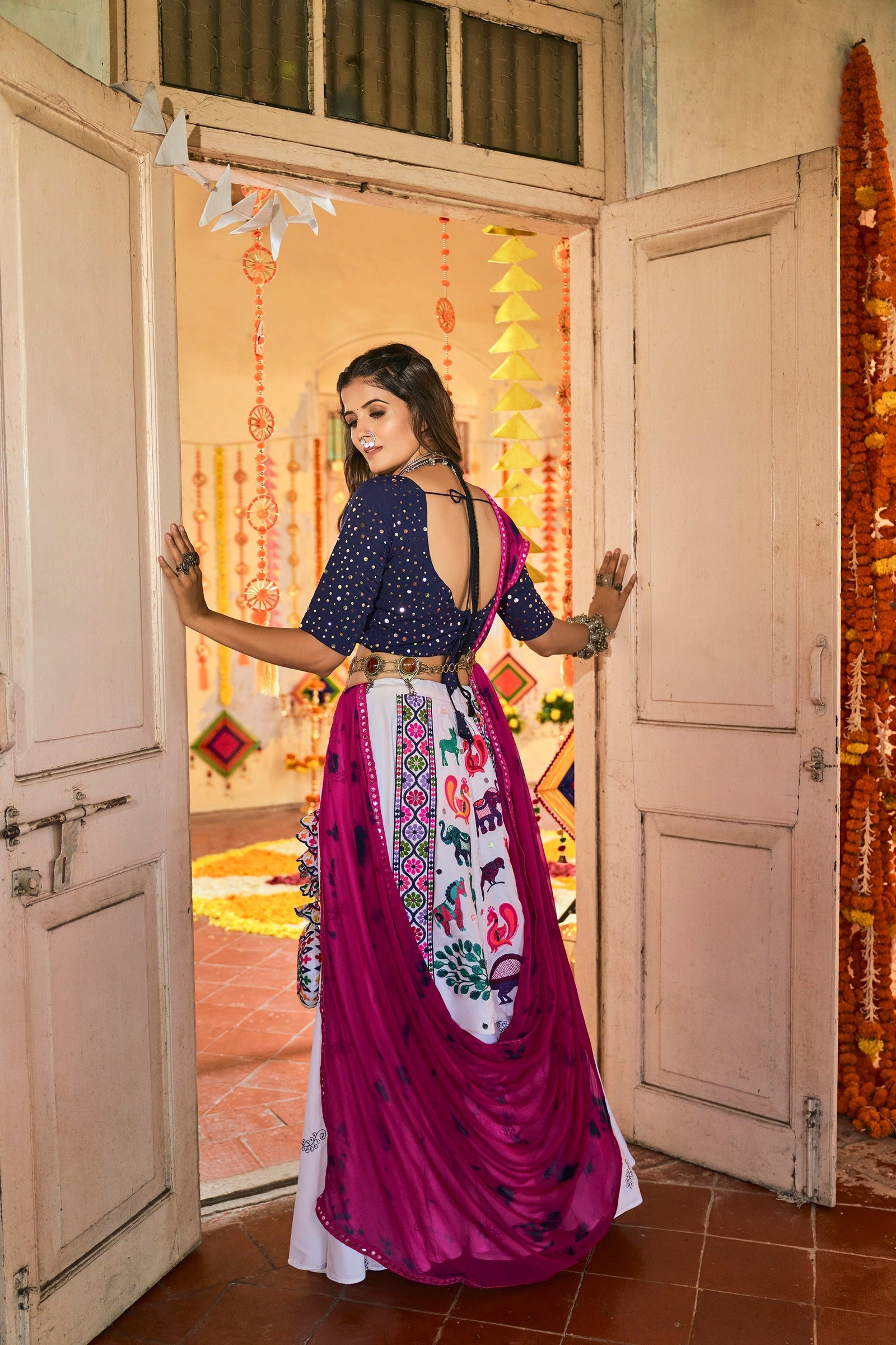 Traditional Wear White With Navy Blue Color Navratri Special Lehenga Choli Clothsvilla