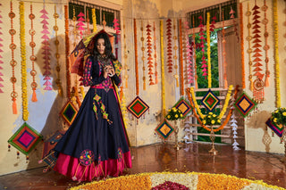 Traditional Wear Pink With Navy Blue Color Navratri Special Lehenga Choli Clothsvilla