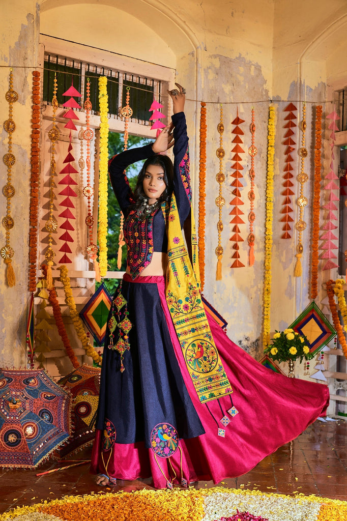 Traditional Wear Pink With Navy Blue Color Navratri Special Lehenga Choli Clothsvilla