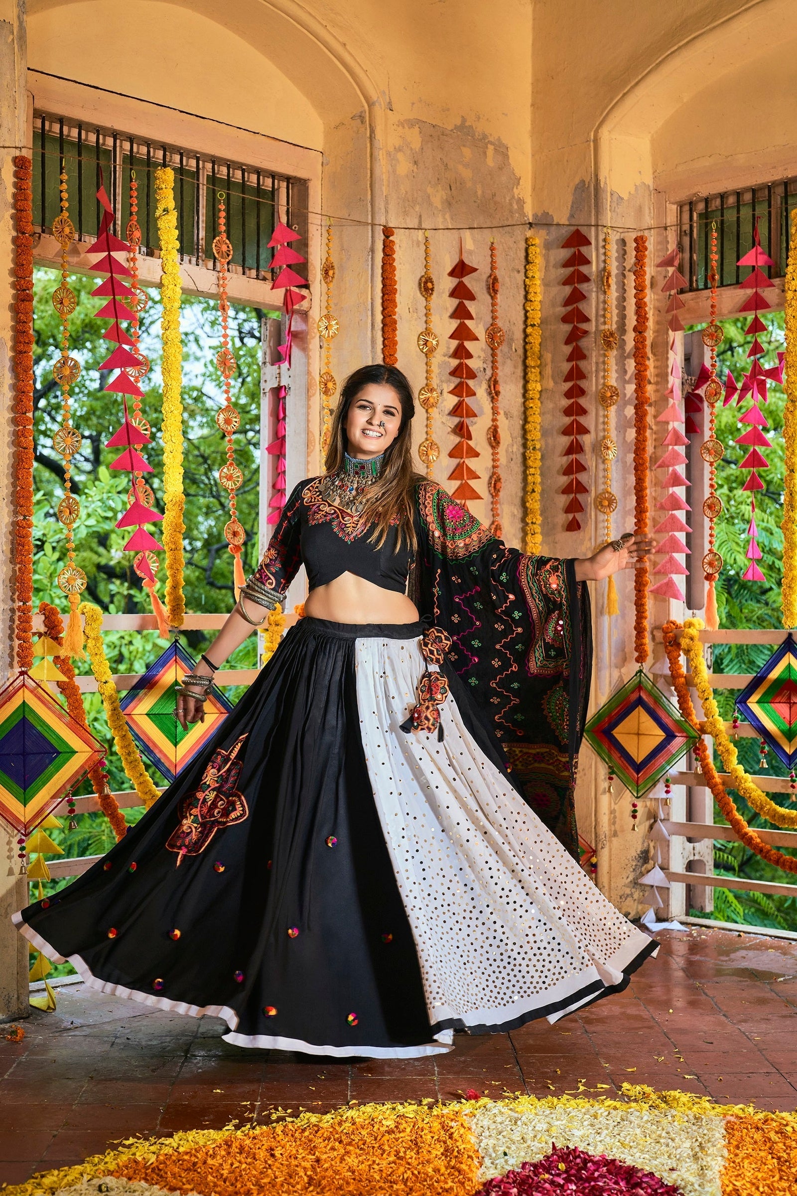 Traditional Wear Black & White Color Navratri Special Lehenga Choli Clothsvilla