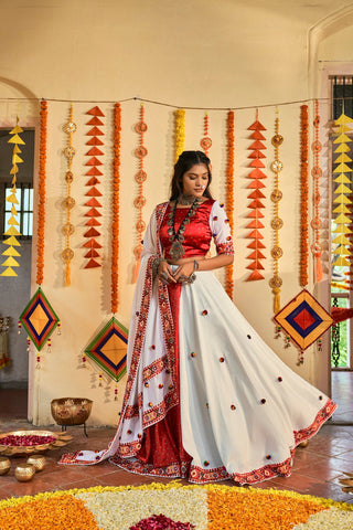 Traditional Wear White & Red Color Navratri Special Lehenga Choli Clothsvilla
