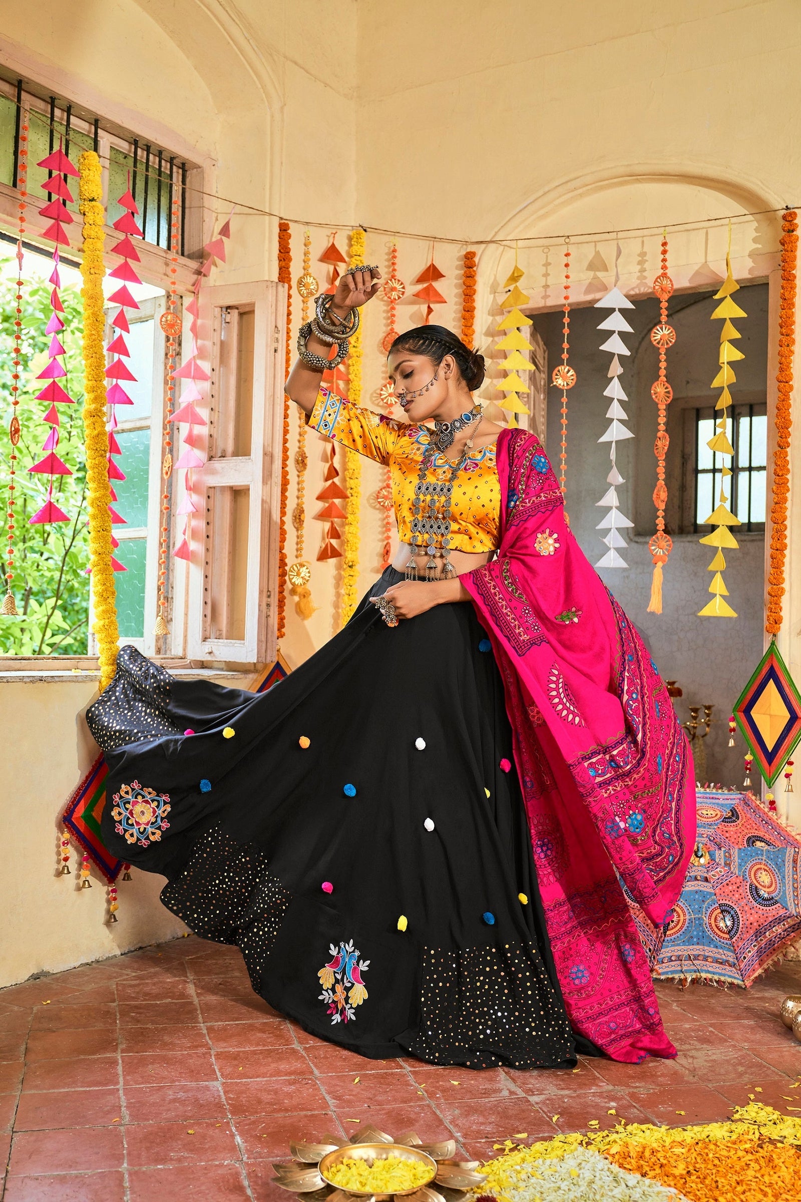 Traditional Wear Black & Yellow Color Navratri Special Lehenga Choli Clothsvilla