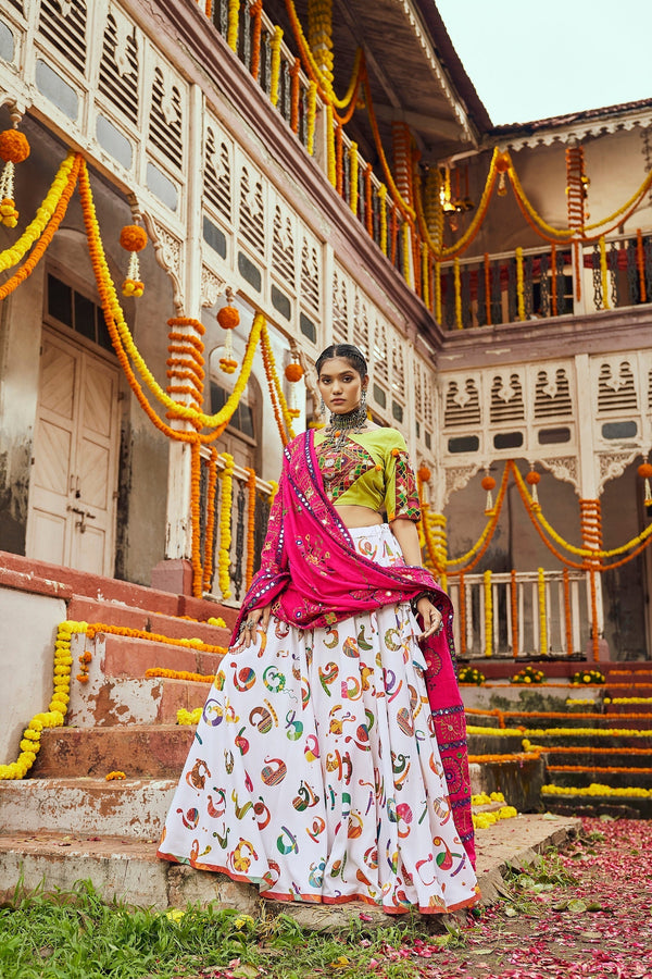 Navratri Special White With Green Digital Print Traditional Lehenga Choli Clothsvilla