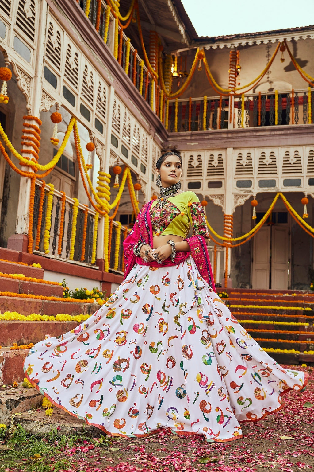 Navratri Special White With Green Digital Print Traditional Lehenga Choli Clothsvilla