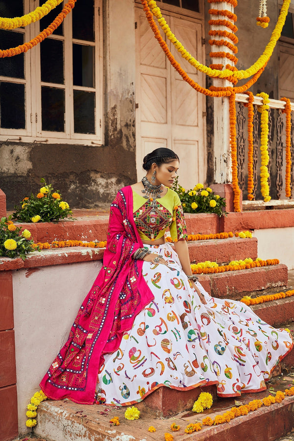 Navratri Special White With Green Digital Print Traditional Lehenga Choli Clothsvilla
