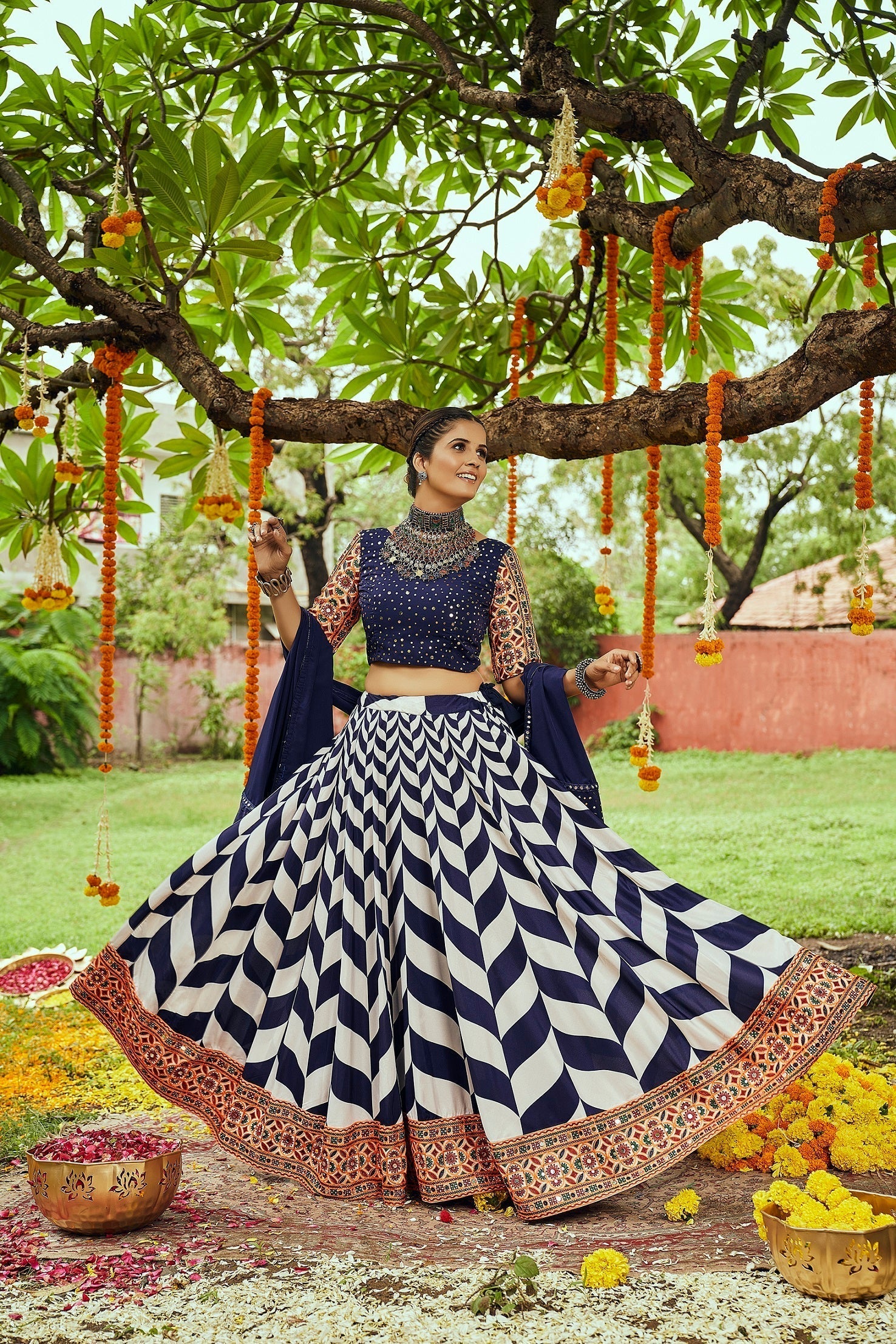 Navratri Special White With Navy Blue Digital Print Traditional Lehenga Choli Clothsvilla
