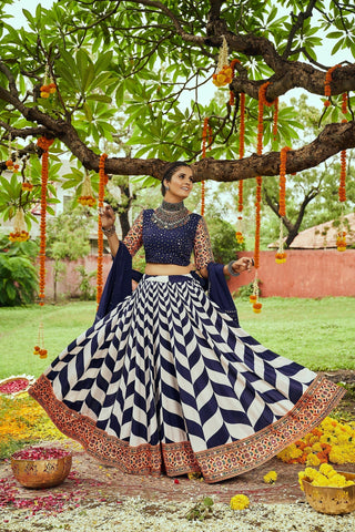 Navratri Special White With Navy Blue Digital Print Traditional Lehenga Choli Clothsvilla
