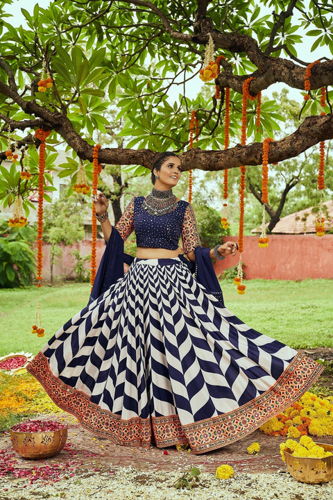 Navratri Special White With Navy Blue Digital Print Traditional Lehenga Choli Clothsvilla Main image