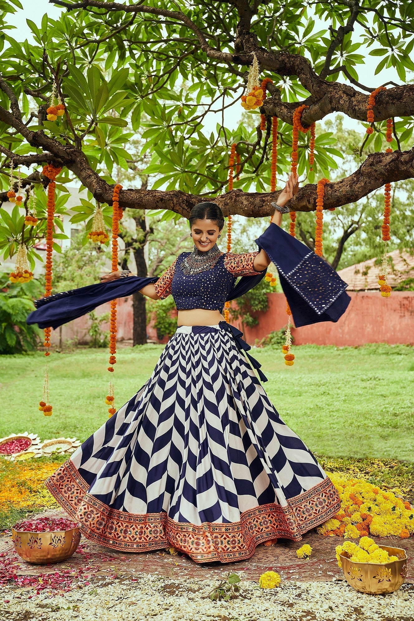 Navratri Special White With Navy Blue Digital Print Traditional Lehenga Choli Clothsvilla
