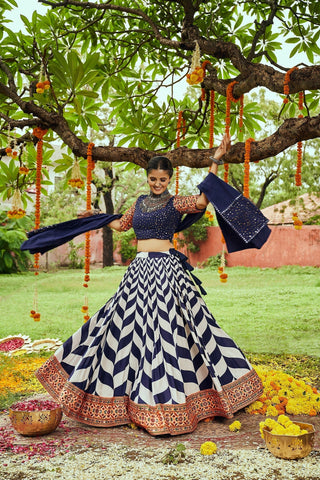 Navratri Special White With Navy Blue Digital Print Traditional Lehenga Choli Clothsvilla