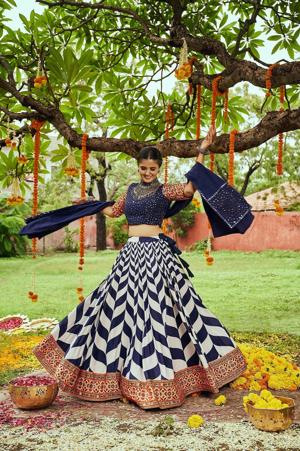 Navratri Special White With Navy Blue Digital Print Traditional Lehenga Choli Clothsvilla