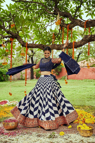 Navratri Special White With Navy Blue Digital Print Traditional Lehenga Choli Clothsvilla