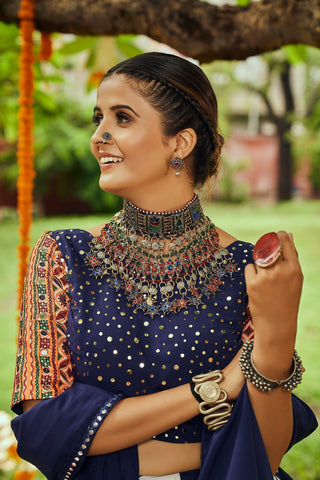 Navratri Special White With Navy Blue Digital Print Traditional Lehenga Choli Clothsvilla