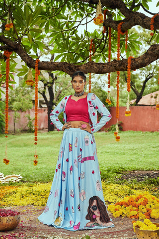 Navratri Special Sky Blue Digital Print Traditional Lehenga With Koti Clothsvilla
