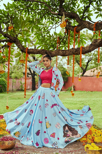 Navratri Special Sky Blue Digital Print Traditional Lehenga With Koti Clothsvilla