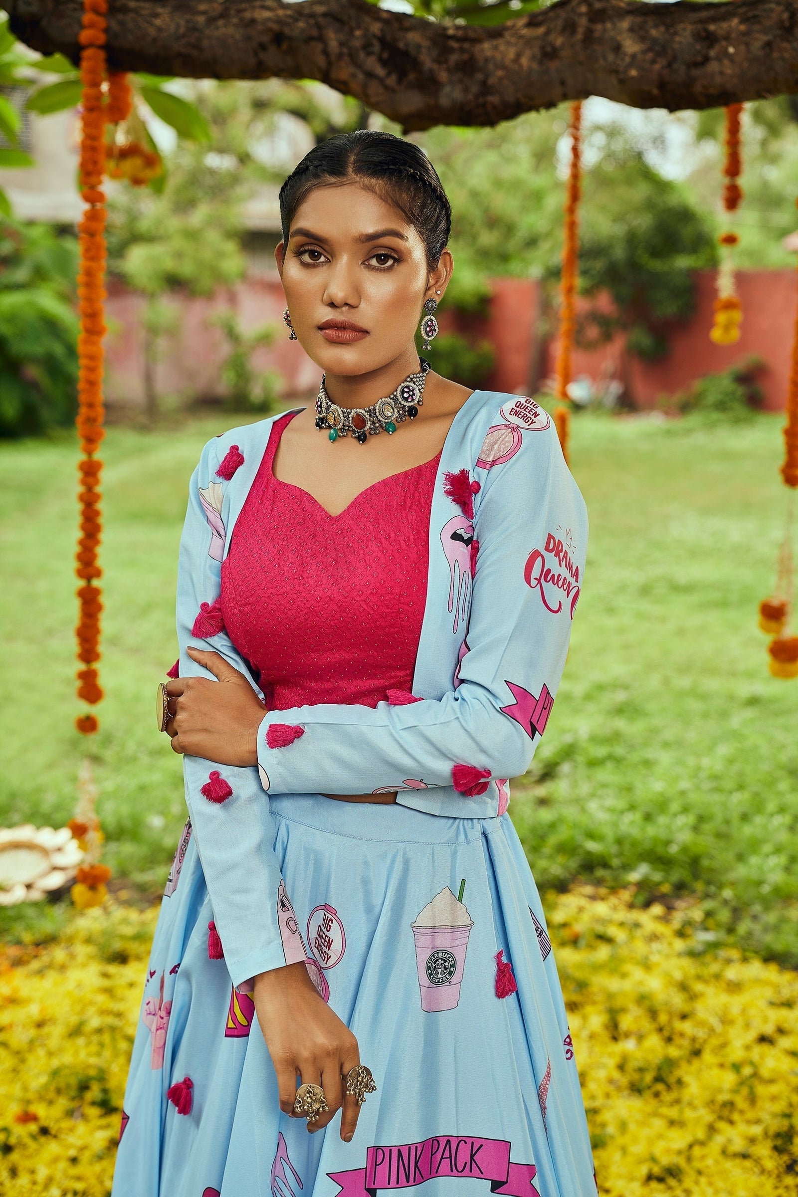 Navratri Special Sky Blue Digital Print Traditional Lehenga With Koti Clothsvilla