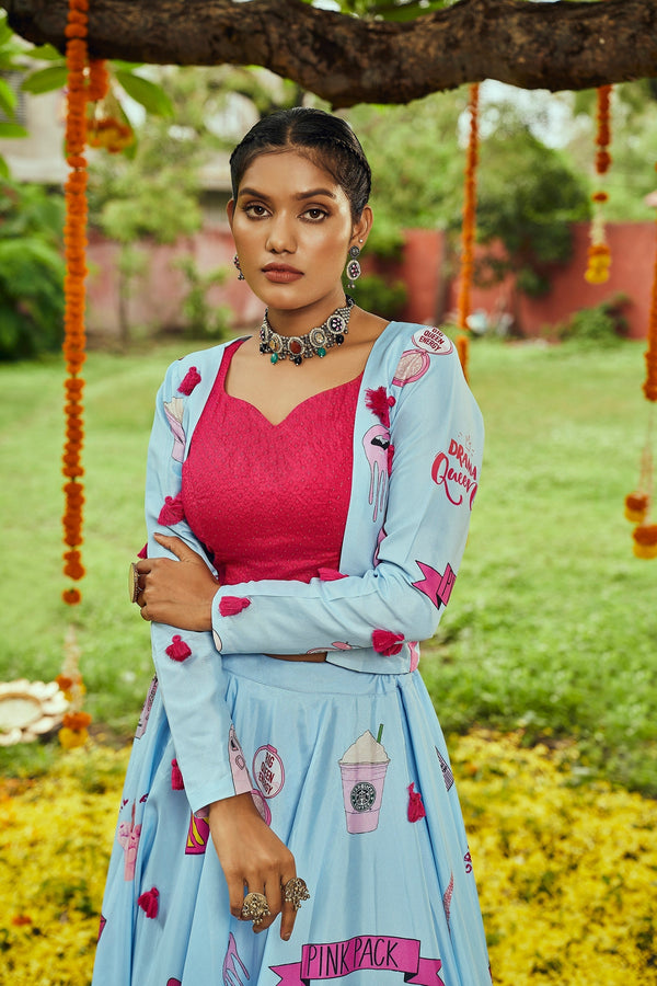 Navratri Special Sky Blue Digital Print Traditional Lehenga With Koti Clothsvilla