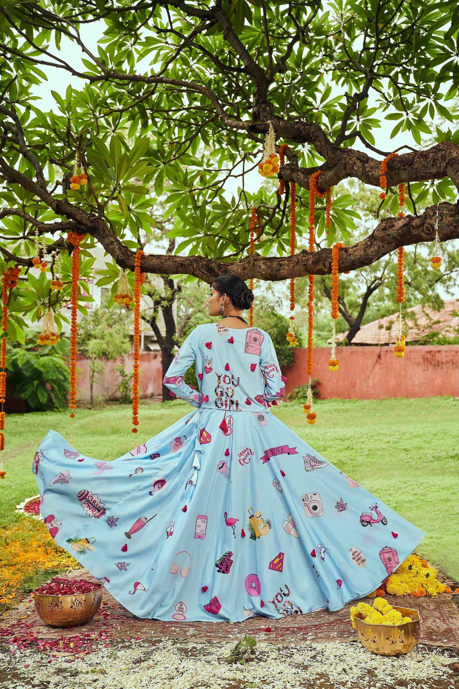 Navratri Special Sky Blue Digital Print Traditional Lehenga With Koti Clothsvilla