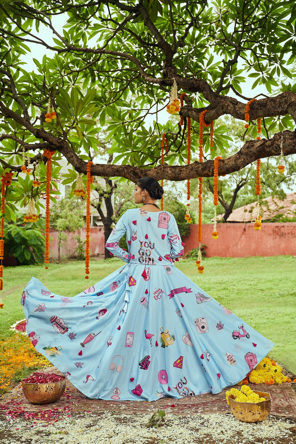 Navratri Special Sky Blue Digital Print Traditional Lehenga With Koti Clothsvilla